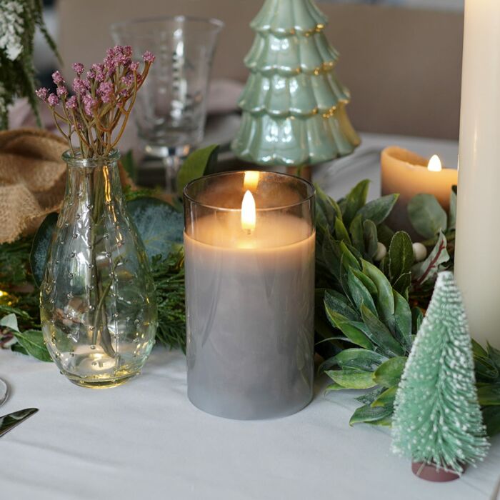 Grey Battery Wax Authentic Flame Candle in Smoked Glass Cylinder