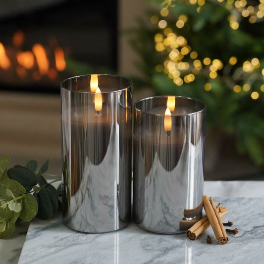 Grey Battery Wax Authentic Flame Candle in Smoked Glass Cylinder, 2 Pack