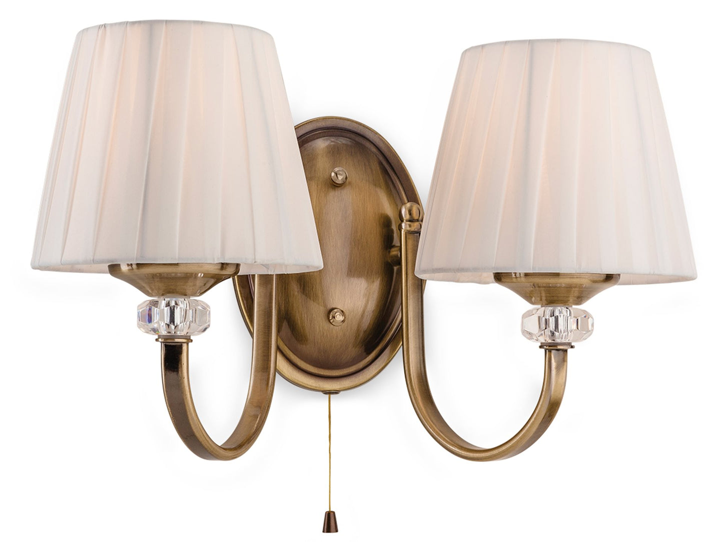 Langham 2 Light Wall (Switched)Antique Brass with Pleated Cream Shades