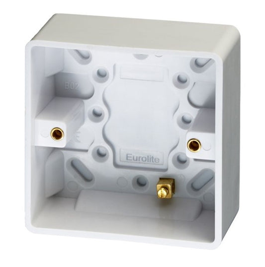 White Plastic Single 47mm Pattress Box With 1 Cable Clamp Position And Brass Earth Terminal - PL8014