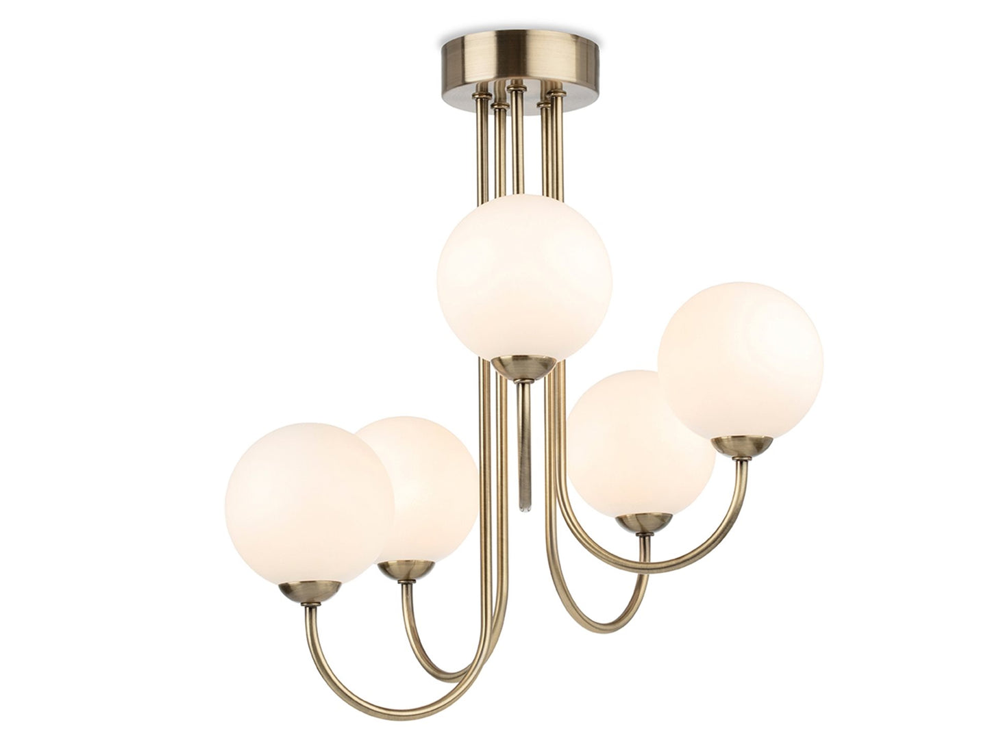 Lyndon 5 Light Flush Ceiling Fitting Antique Brass with Opal White Glass