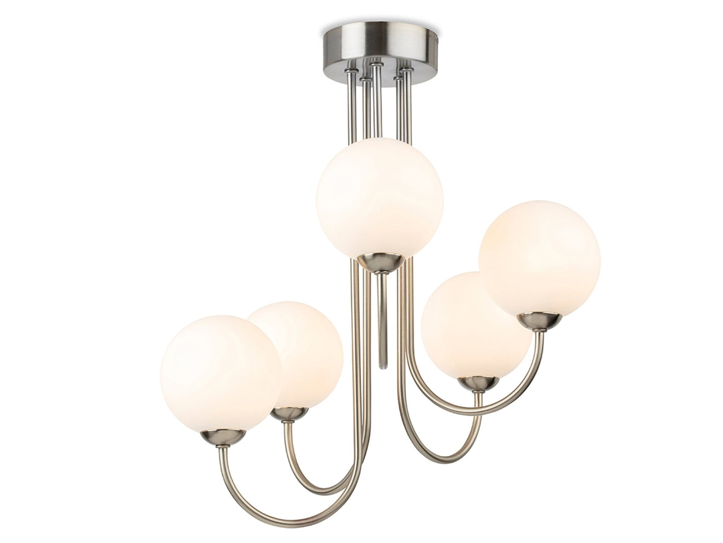 Lyndon 5 Light Flush Ceiling Fitting Brushed Steel with Opal White Glass