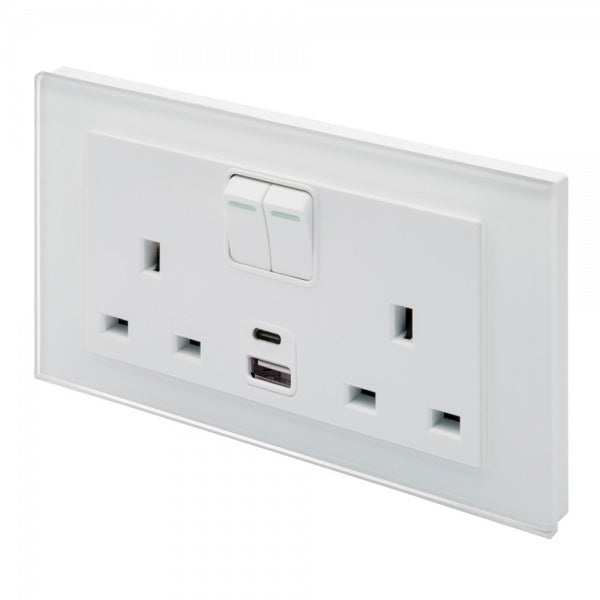 CRYSTAL 3.1A USBC & 13A DP DOUBLE PLUG SOCKET WITH SWITCH WHITE PG