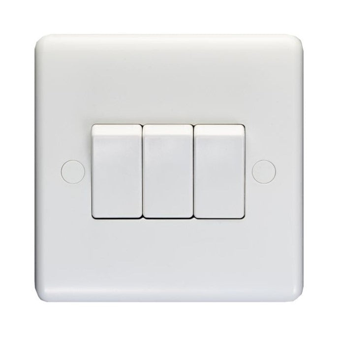 White Plastic 10A 3 Gang 2 Way Switch - PL3032