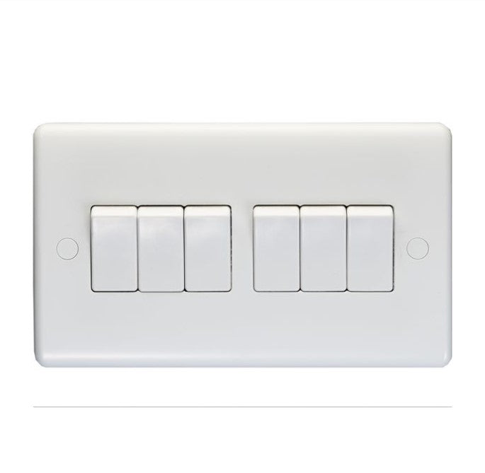 White Plastic 10A 6 Gang 2 Way Switch - PL3062