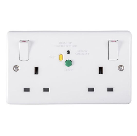 White Plastic 13A 2 Gang DP RCD Switched Socket Passive 30MA Type A - PL5023