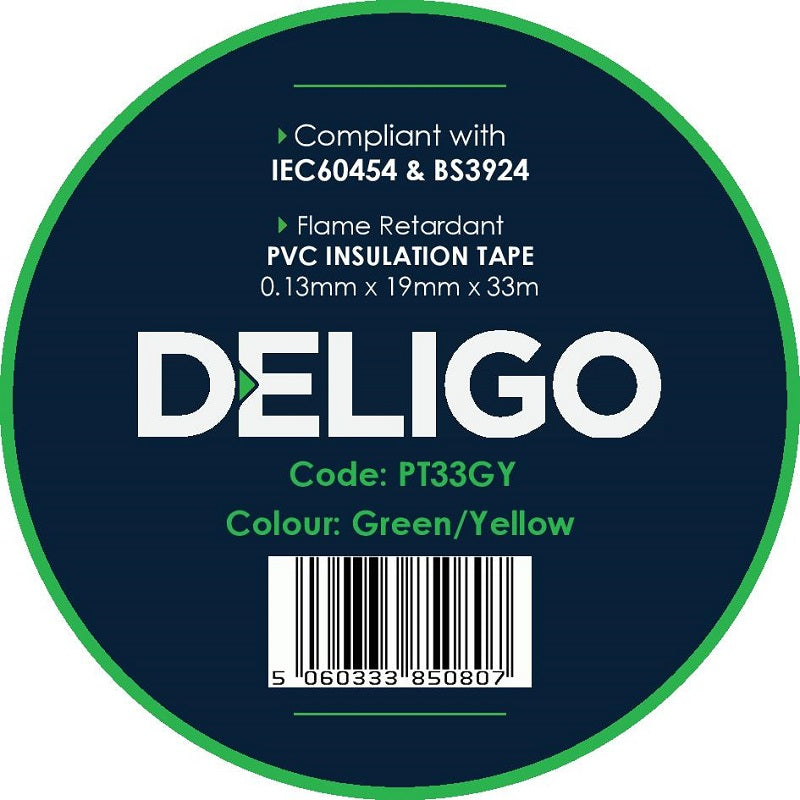 19mm x 33m PVC Insulation Tape Green/Yellow - PT33GY