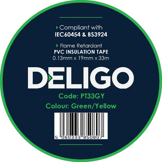 19mm x 33m PVC Insulation Tape Green/Yellow - PT33GY