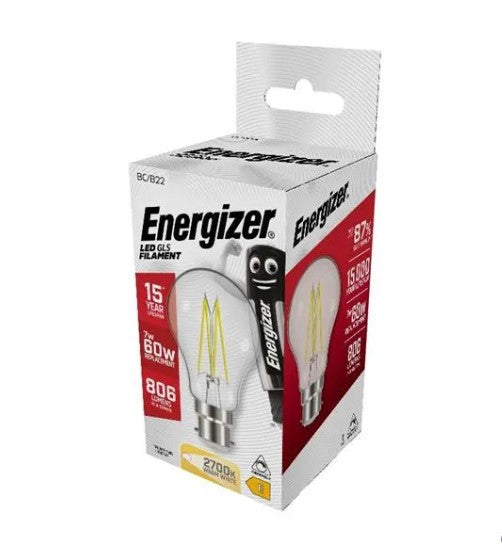 Energizer LED Filament GLS B22 (BC) 806lm 7W 2,700K (Warm White) Dimmable - S12851