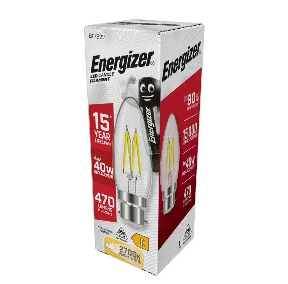 Energizer LED Filament Candle B22 (BC) 470lm 4W 2,700K (Warm White) - S12868
