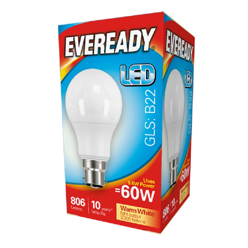 Eveready 9.6watt BC Warm White GLS Lamp 3000k - S13622