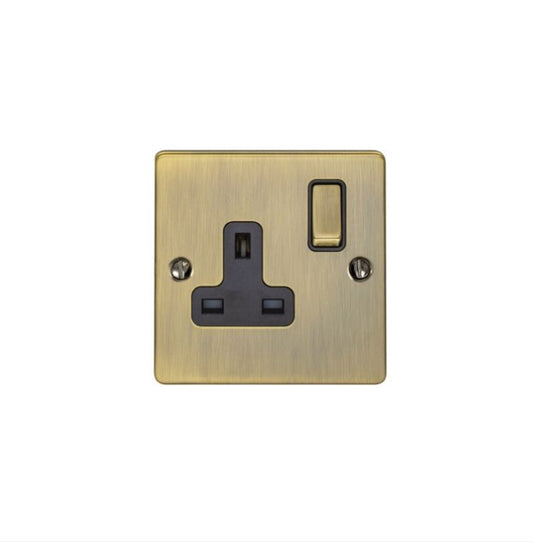 Antique Brass 1 Gang 13A DP Switched Socket with Black Trim - EN1SOABB