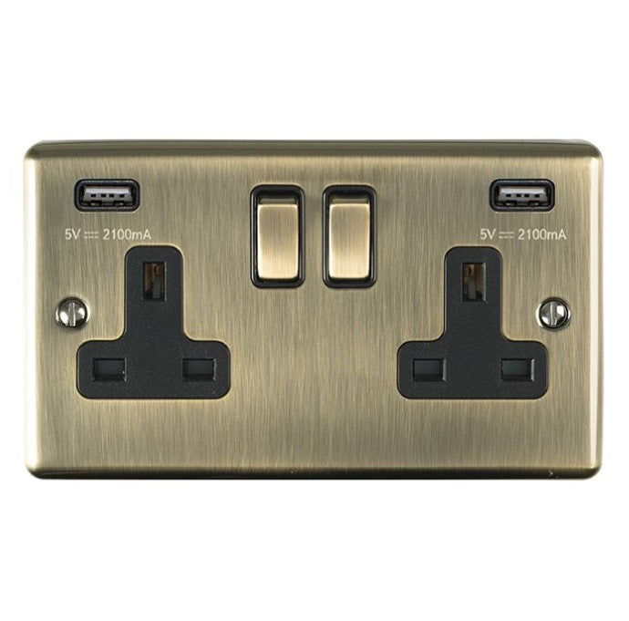 Antique Brass 2 Gang 13A Switched Socket with Combined 3.1A USB Outlet and Black Trim - EN2USBABB