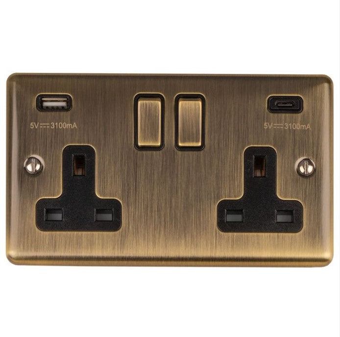 Antique Brass 2 Gang 13A Switched Socket with Combined 3.1A USB Outlets (1x TypeA 1x TypeC) and Black Trim - EN2USBCABB