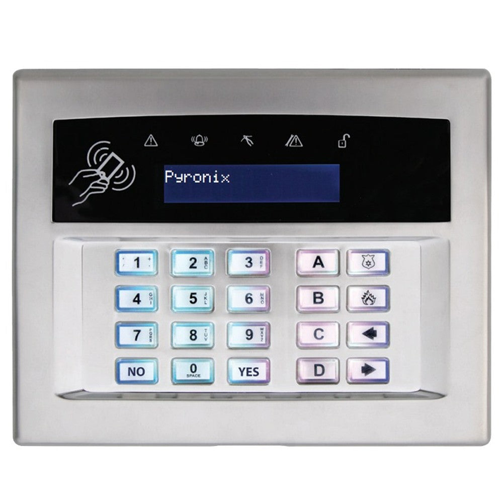 Pyronix EURO-LCDPZ/SCHROME Satin Chrome LCD RKP inc, in-built Prox Tag Reader, 2 zones, 1 output, EN Grade 3