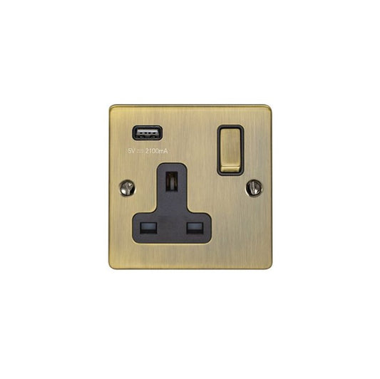 Antique Brass 1 Gang 13A Switched Socket with 2.1A USB Outlet and Black Trim - EN1USBABB