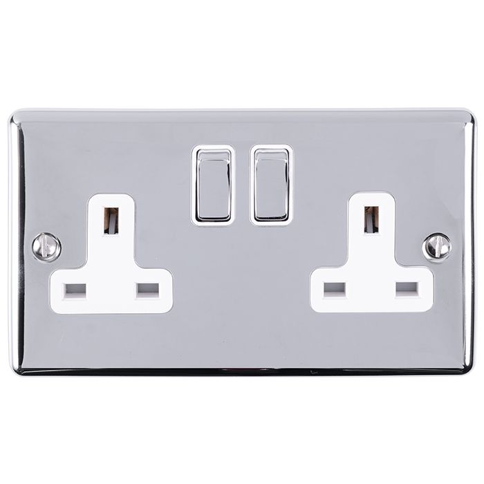 2 Gang 13Amp DP Switched Socket Polished Chrome Enhance Range White Trim