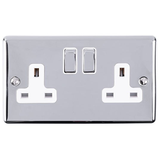 2 Gang 13Amp DP Switched Socket Polished Chrome Enhance Range White Trim