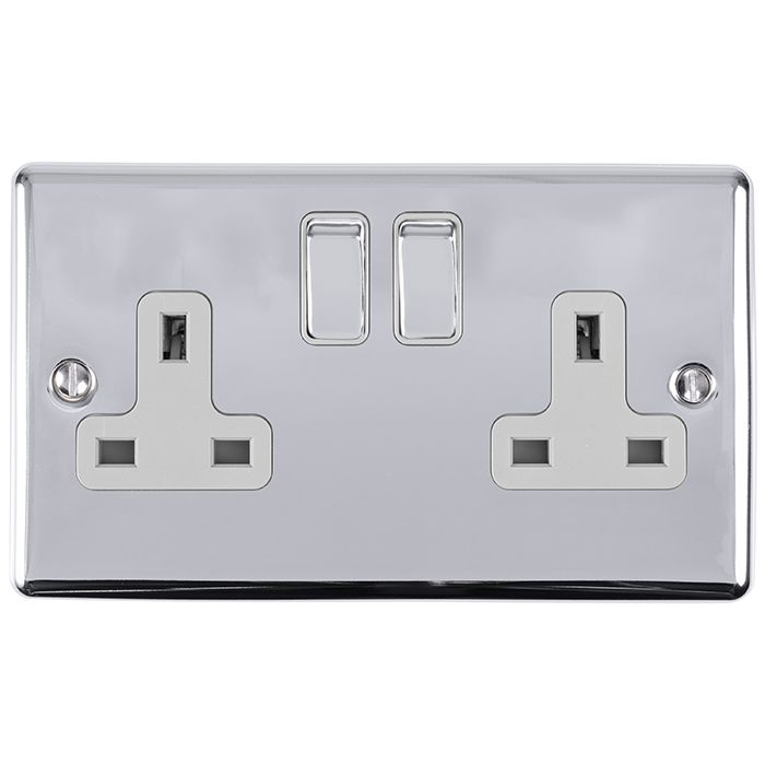 2 GANG 13AMP DP SWITCHED SOCKET POLISHED CHROME ENHANCE RANGE GREY TRIM