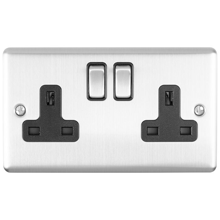 2 Gang 13Amp DP Switched Socket Satin Enhance Range Black Trim