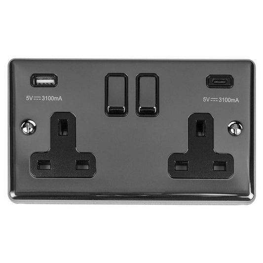 2 Gang 13Amp Switched Socket w/ 3.1Amp USB Outlets (1xTypeA 1xTypeC) Black Nickel Enhance Range Black Trim