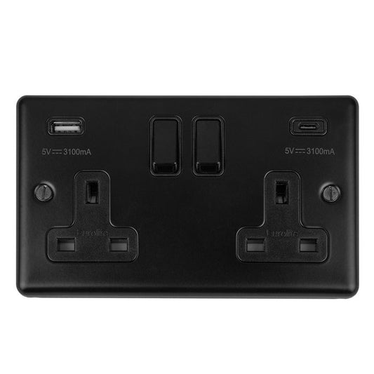 2 Gang 13Amp Switched Socket w/ 3.1Amp USB Outlets (1xTypeA 1xTypeC) Matt Black Enhance Range Black Trim