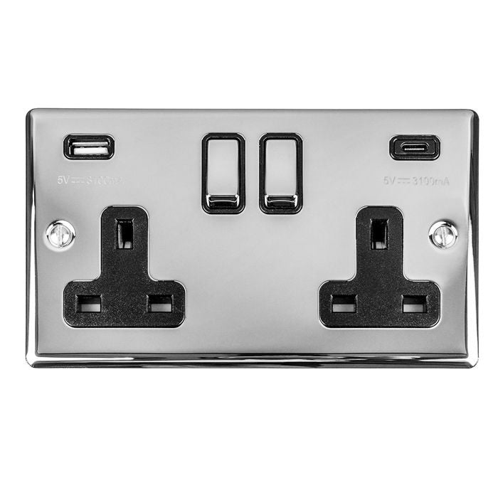 2 Gang 13Amp Switched Socket w/ 3.1Amp USB Outlets (1xTypeA 1xTypeC) Polished Chrome Enhance Range Black Trim