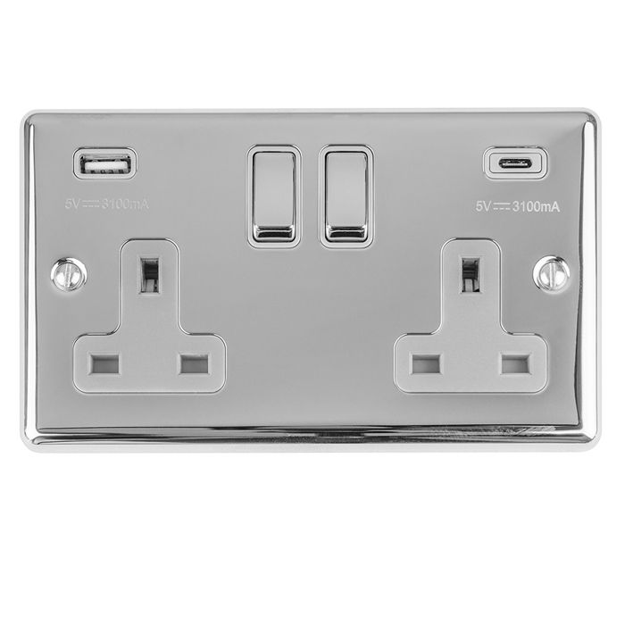 2 Gang 13Amp Switched Socket w/ 3.1Amp USB Outlets (1xTypeA 1xTypeC) Polished Chrome Enhance Range Grey Trim