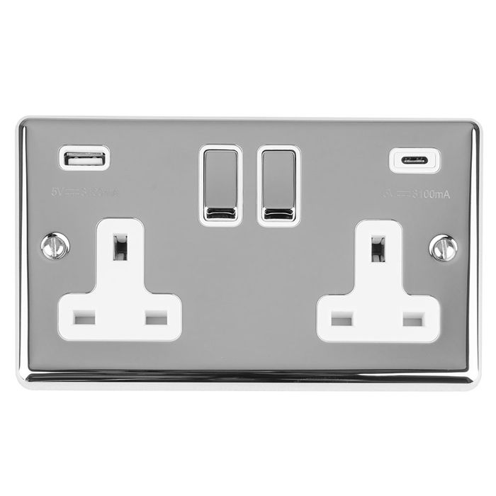 2 Gang 13Amp Switched Socket w/ 3.1Amp USB Outlets (1xTypeA 1xTypeC) Polished Chrome Enhance Range White Trim