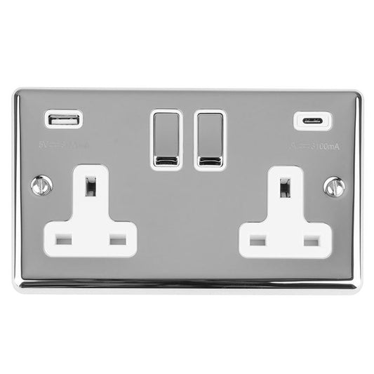 2 Gang 13Amp Switched Socket w/ 3.1Amp USB Outlets (1xTypeA 1xTypeC) Polished Chrome Enhance Range White Trim