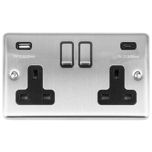 2 Gang 13Amp Switched Socket w/ 3.1Amp USB Outlets (1xTypeA 1xTypeC) Satin Enhance Range Black Trim