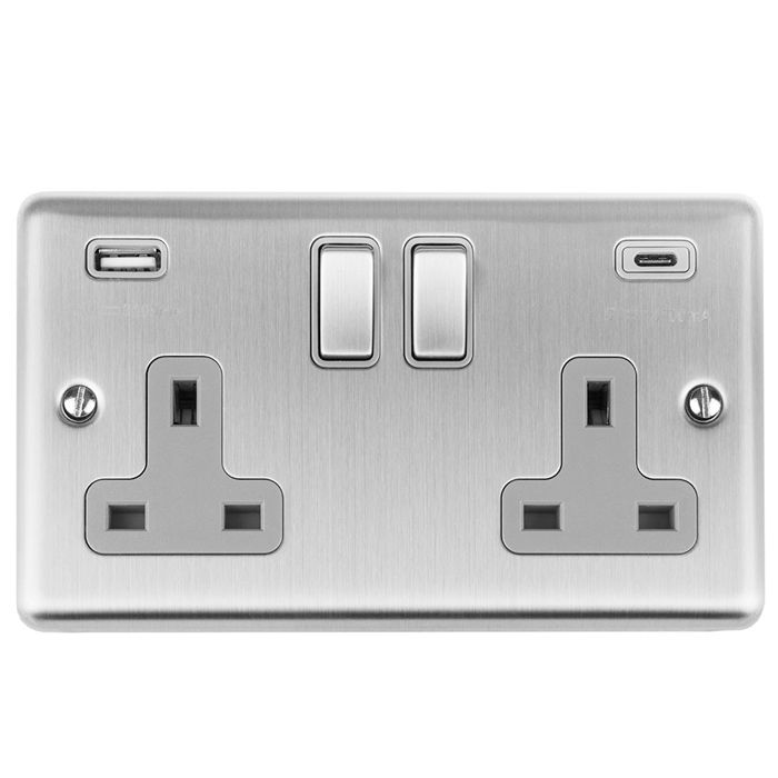 2 Gang 13Amp Switched Socket w/ 3.1Amp USB Outlets (1xTypeA 1xTypeC) Satin Enhance Range Grey Trim