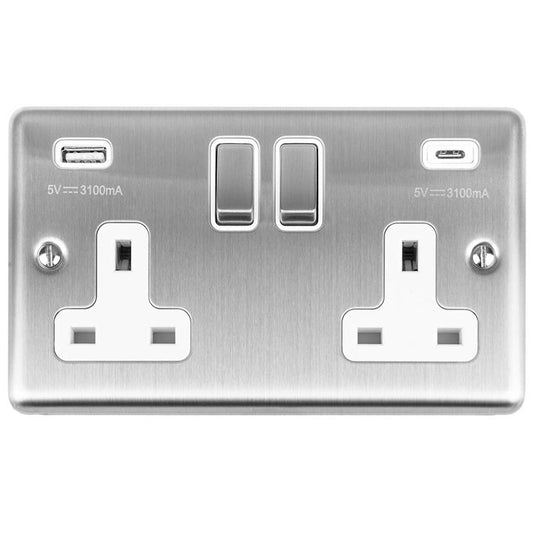 2 Gang 13Amp Switched Socket w/ 3.1Amp USB Outlets (1xTypeA 1xTypeC) Satin Enhance Range White Trim