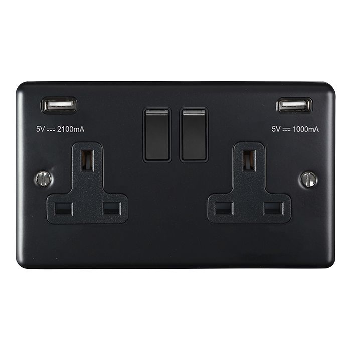 2 GANG 13AMP SWITCHED SOCKET WITH COMB 3.1 AMP USB OUTLETS MATT BLACK ENHANCE RANGE BLACK TRIM