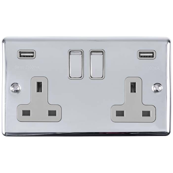 2 GANG 13AMP SWITCHED SOCKET WITH COMB 3.1 AMP USB OUTLETS POLISHED CHROME ENHANCE RANGE GREY TRIM