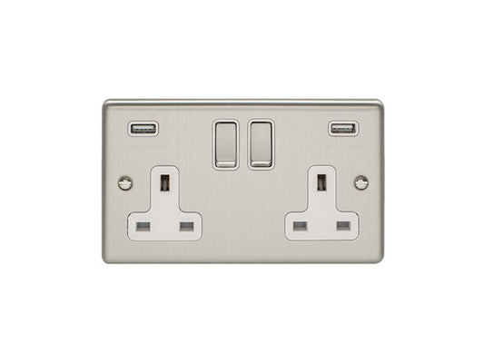 2 Gang 13Amp Switched Socket With Comb 3.1 Amp Usb Outlets Satin Enhance Range White Trim