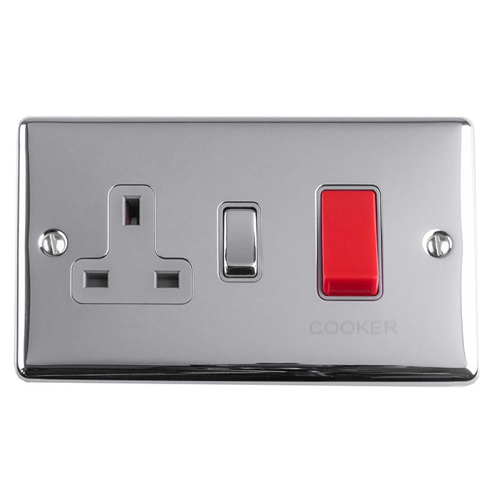 45AMP DP SWITCH WITH 13AMP SOCKET POLISHED CHROME ENHANCE RANGE GREY TRIM