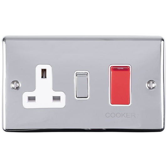 45Amp DP Switch With 13Amp Socket Polished Chrome Enhance Range White Trim