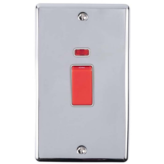 2 GANG 45AMP DP SWITCH WITH NEON POLISHED CHROME ENHANCE RANGE GREY TRIM