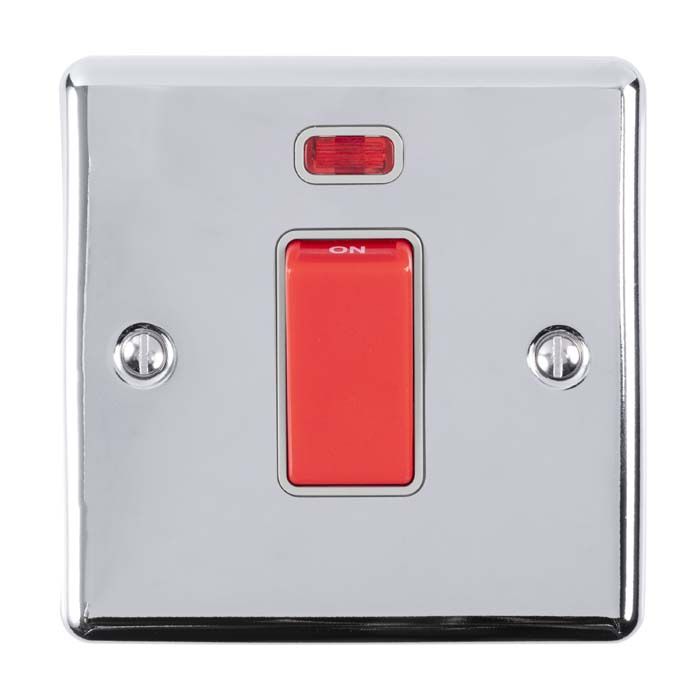 1 GANG 45AMP DP SWITCH WITH NEON POLISHED CHROME ENHANCE RANGE GREY TRIM