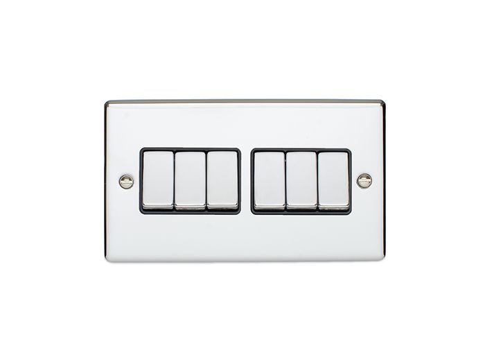 6 Gang 10Amp 2Way Switch Polished Chrome Enhance Range Black Trim