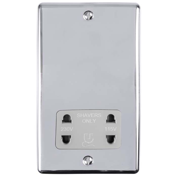 2 GANG SHAVER SOCKET 230/115V POLISHED CHROME ENHANCE RANGE GREY TRIM