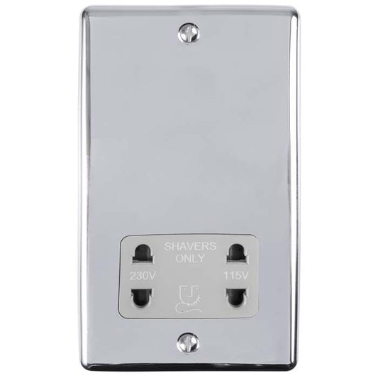 2 GANG SHAVER SOCKET 230/115V POLISHED CHROME ENHANCE RANGE GREY TRIM