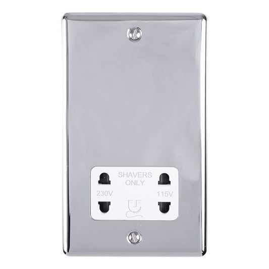 2 Gang Shaver Socket 230/115V Polished Chrome Enhance Range White Trim