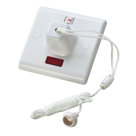 White Plastic 45A Pull Cord Ceiling Switch With Neon - PL3331