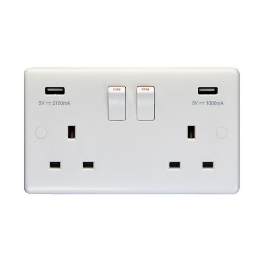 White Plastic 13A 2 Gang Switched Socket With Dual USB Charger (5V DC 3.1A Shared) - PL4620
