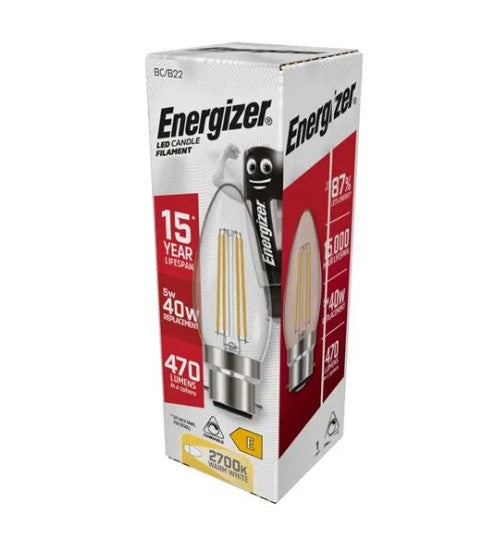 Energizer LED Filament Candle B22 (BC) 470lm 5W 2,700K (Warm White) Dimmable - S12855